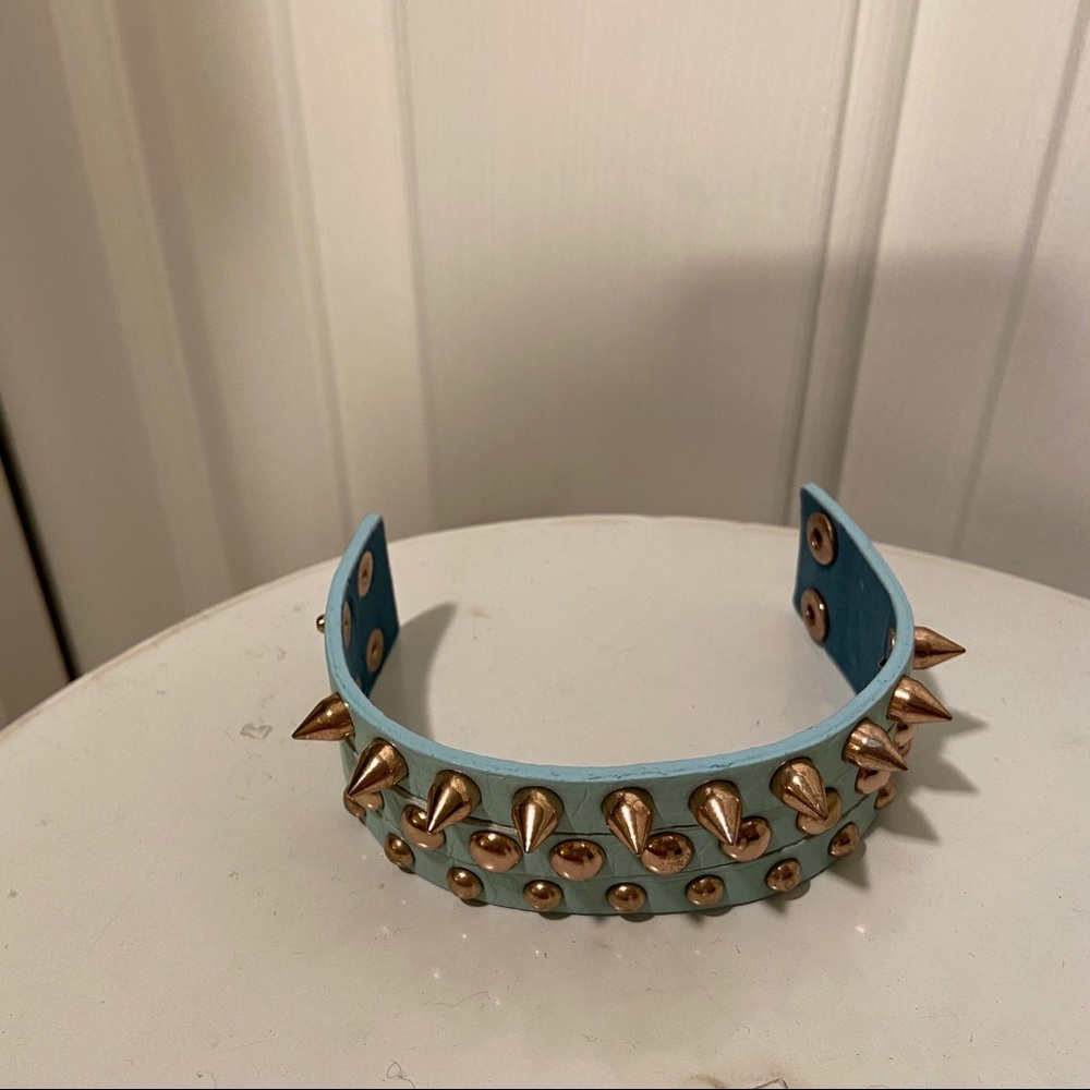 Punk Gold Spiked And Riveted Aqua Baby Blue Cuff - Picture 4 of 5